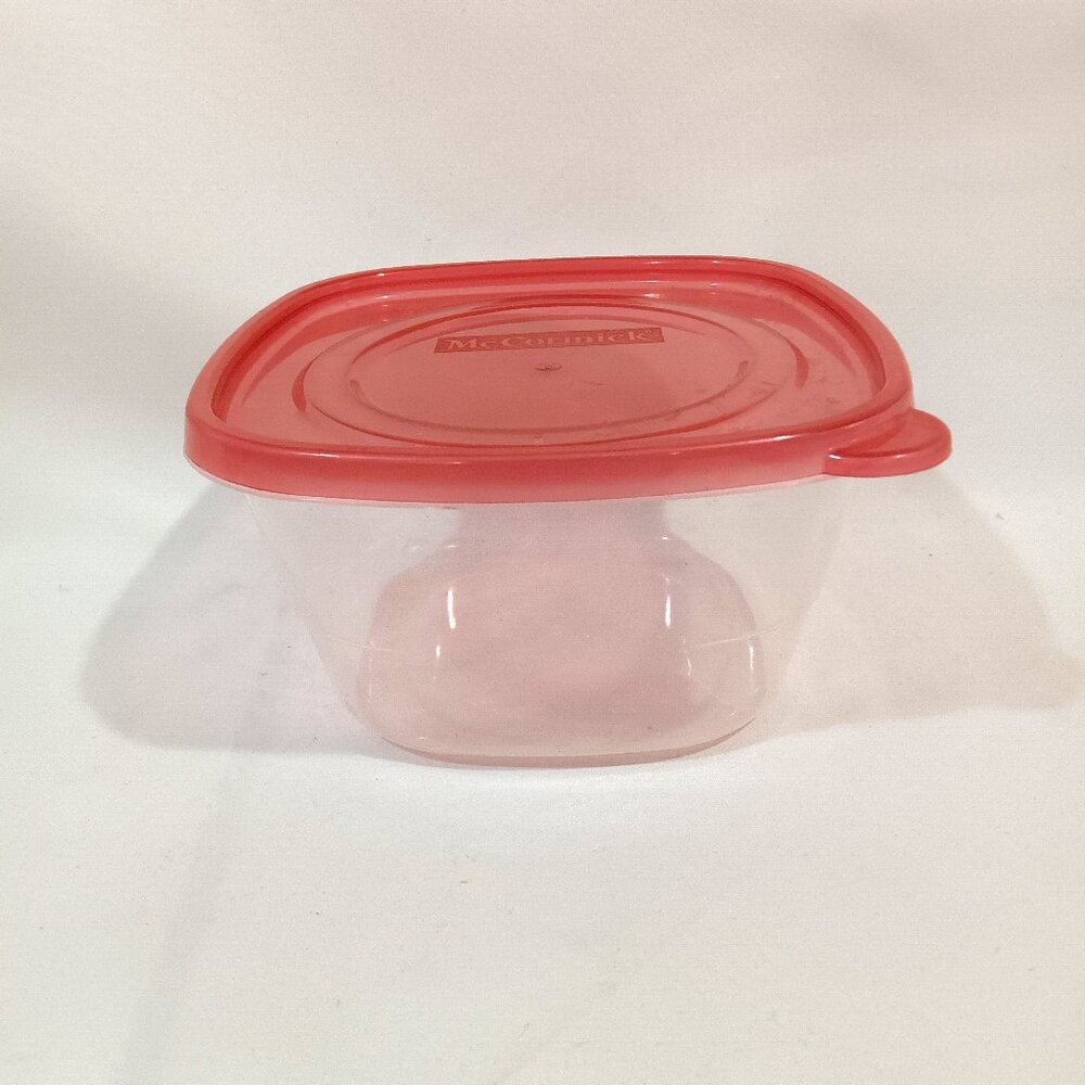 McCormick Clear Storage Container 6" x 6" x 3" Snap Lid Red Color